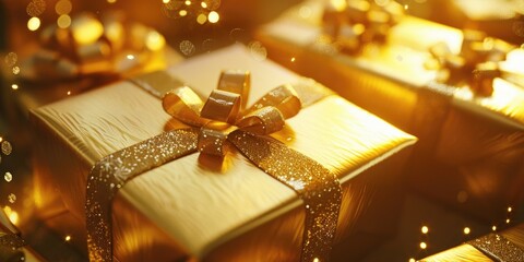 Poster - A luxurious gold gift box wrapped with a golden bow, perfect for special occasions and celebrations