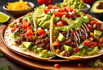 Canvas Print - crispy taco shells overflowing toppings mouthwatering display, filled, ingredients, delicious, mexican, cuisine, food, crunchy, savory, fresh, lettuce