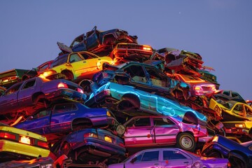 Aufkleber - A pile of vehicles stacked on top of each other, great for use in illustrations or designs related to transportation, traffic, congestion, urban planning, and more