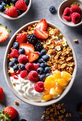 crunchy granola yogurt parfait breakfast bowl fresh berries honey drizzle, cereal, delicious, food, fruit, healthy, nutrition, snack, spoon, sweet, tasty