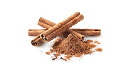 Poster - A close-up of cinnamon sticks and powder on a white surface, great for food or spice related uses