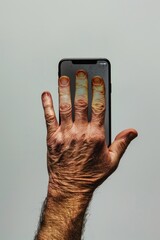 Poster - A person's hand holding up a cell phone with a screen showing an image or text