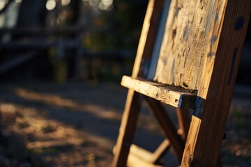 Poster - A simple wooden chair placed on the edge of a sidewalk, suitable for outdoor events or casual gatherings