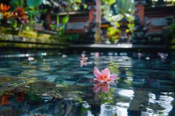 Poster - A pink flower floats on the surface of calm pool water