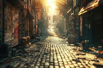 Poster - A urban scene showing a street with a high amount of litter and trash on the sides, potentially highlighting environmental issues or waste management