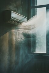 Poster - A house air conditioner unit sprays water out of a window during hot summer days