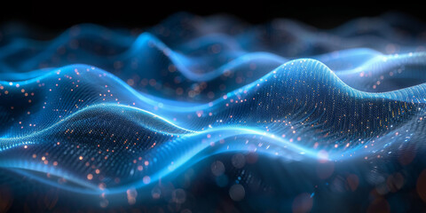 Abstract blue tech background with digital waves, dynamic network system, artificial neural connections, cyber quantum computing and electronic global intelligence