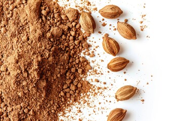 Poster - A scene with piles of almonds and ground, ideal for uses such as food or nature photography