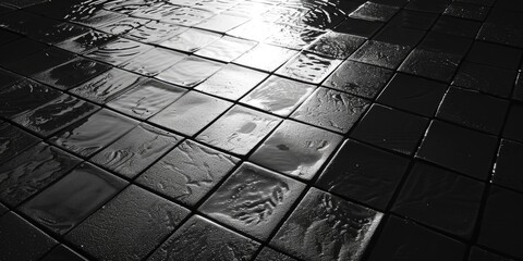 Poster - A close-up shot of a wet sidewalk with water droplets reflecting the surroundings