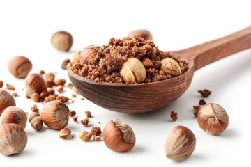 Wall Mural - A wooden spoon filled with nuts on a white background, suitable for food or still life photography