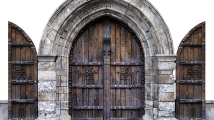 Poster - A large wooden door with two arched windows, perfect for use in architectural or design settings