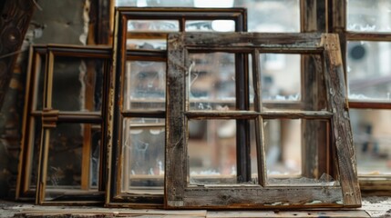 Aufkleber - Vintage windows stacked on a wooden floor, can be used for decorative purposes or as a creative prop
