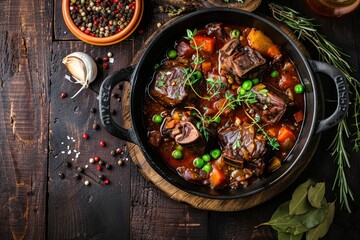 Wall Mural - Spanish oxtail stew with herbs garlic and jalapeno in pot on wooden table classic recipe top view