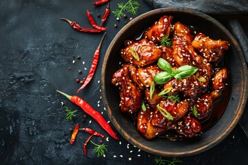 Canvas Print - Spicy chicken with sweet and sour sauce chili pepper and teriyaki chicken with sesame seeds Asian cuisine Japanese Chinese Thai Food photography backgro