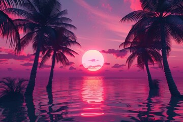 Poster - A serene sunset scene with palm trees swaying in the gentle breeze, perfect for a tropical getaway or vacation brochure
