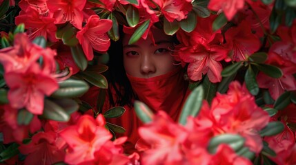Poster - A mysterious woman wears a red scarf covering her face, surrounded by vibrant red flowers