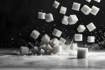 Sticker - A close-up shot of a pile of sugar cubes falling through the air