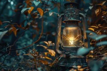 Aufkleber - A vintage-style lantern shines brightly in a dark woodland scene