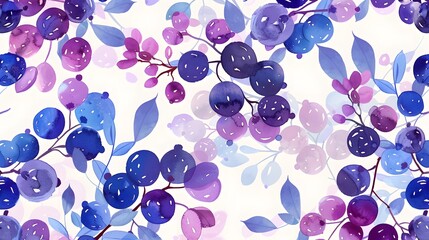 Blue and Purple Berries Seamless Pattern Background. Floral Background for Greeting Cards, Wallpapers, Advertising, Banners, Leaflets and Flyers. Geometric Botanical Vector Design Background. Hand Pai