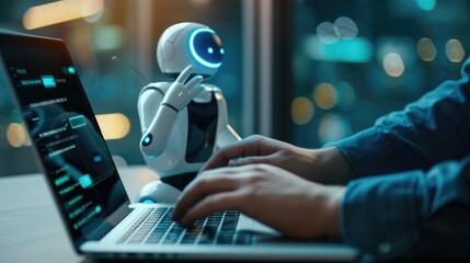 Fototapete - an illustration of a robot using a laptop symbolizes technology and coding in artificial intelligenc