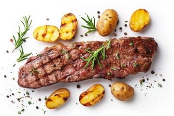 Wall Mural - Top view of grilled beef steak and potatoes on white background
