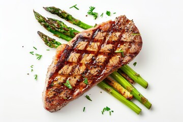 Wall Mural - Top view of grilled pork fillet and fried asparagus on white background