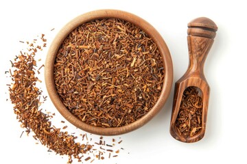 Poster - Top view of isolated bowl and scoop with Rooibos tea on white background