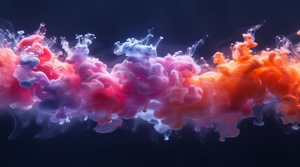 Wall Mural - Rainbow color paint drops mixing in water. Ink swirling underwater. Cloud of ink isolated on black background. Abstract paint explosion effect in close up.