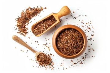 Wall Mural - Top view of isolated rooibos tea and scoop on white background