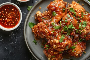 Sticker - Top view of Thai Fried Chicken with sweet chili sauce and crispy onions on a plate Close up shot