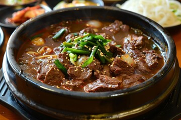 Canvas Print - Traditional Korean cuisine items like beef gomtang soup boiled pork and side dishes including salted squid and kkakdugi