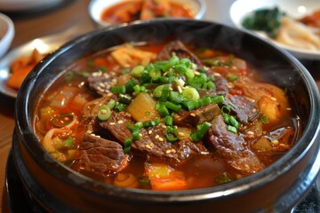 Canvas Print - Traditional Korean dishes including beef gomtang and assorted side dishes like salted squid and kkakdugi