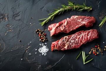 Wall Mural - Two hanger steaks with spices on dark background