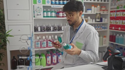 Wall Mural - Bearded man in glasses examining medicine while using smartphone at pharmacy counter