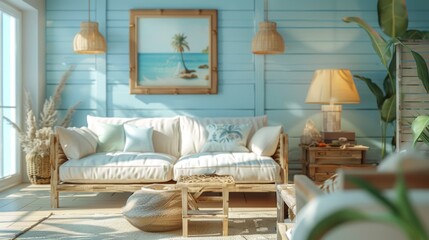 Canvas Print - banner for coastal interior design featuring cozy living room with wooden furniture and pastel color accents in a beach cottage