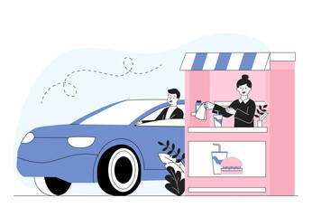 Order from car. Man in automobile orders fast food from cafe. Catering for drivers. Take away eating. Driver buy burger with soda. Linear vector illustration