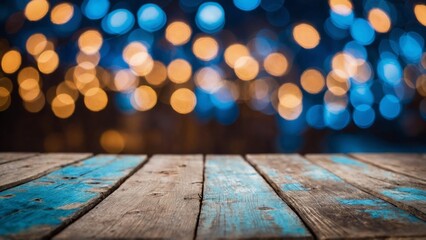 Wall Mural - Rustic wood boards with blue and gold bokeh glowing glitter lights background