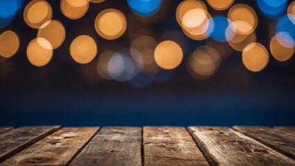Wall Mural - Rustic wood boards with blue and gold bokeh glowing glitter lights background