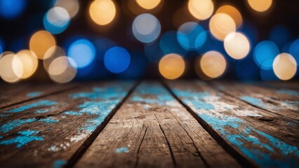 Wall Mural - Rustic wood boards with blue and gold bokeh glowing glitter lights background
