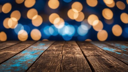 Wall Mural - Rustic wood boards with blue and gold bokeh glowing glitter lights background