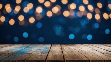 Wall Mural - Rustic wood boards with blue and gold bokeh glowing glitter lights background
