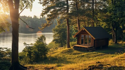 Wall Mural - Wooden Cottage by the Lake