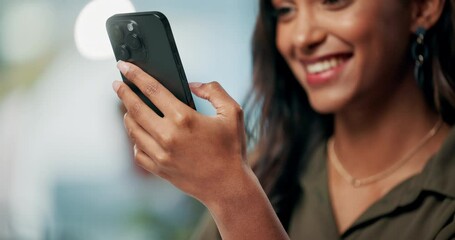 Canvas Print - Phone, happy and business woman in office with timeline, scroll or social media communication meme. Smartphone, app and smiling with chat, app or online joke, networking or notification at work