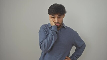 Poster - Young arab man, bored and tired, standing with crossed arms, looking off into distance, thinking about problems prompting depression, over an isolated white background