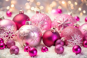 Poster - Sparkling festive holiday background featuring bright pink realistic ornaments and shimmering decorations on a soft white background, evoking joy and festive cheer.