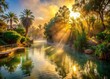 © Man888 - Serene golden light illuminates the tranquil Jordan River, surrounded by lush greenery and misty atmosphere, symbolizing the sacred baptismal site of Jesus Christ.