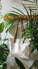 Beige canvas tote bag with leather straps hanging among tropical plants