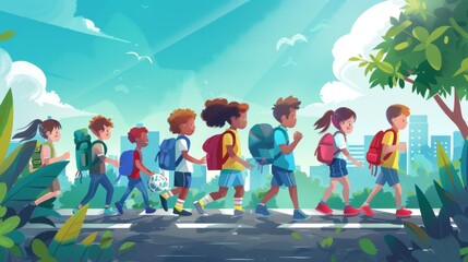 cartoon style image of children with backpacks walking in a line on a path through a park on a sunny