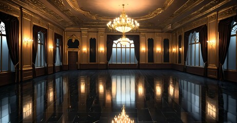 palace ballroom castle mansion interior design. baroque victorian empty lavish luxurious room decor. reflective dark stone floor, gold and red detailing, and intricate designs.