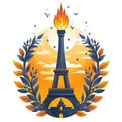 Wall Mural - Olympic Fire Logo Design. Symbol of the 2024 Summer Olympics, sport games concept. Olympic torch with Flame on the Eiffel Tower icon in Paris, France. Illustration isolated on white background